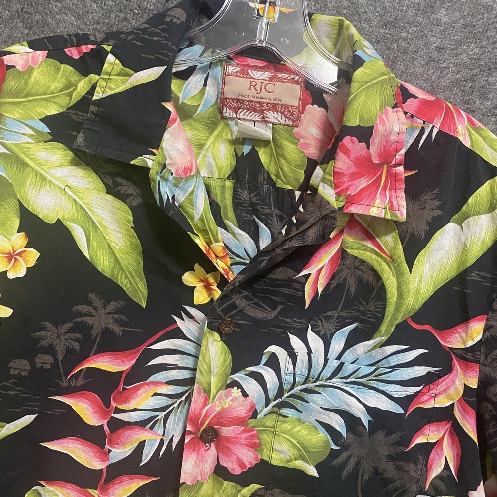 VTG RJC Hawaiian Shirt Men Large Black Floral Leaf Tropical Aloha Beach Camp USA